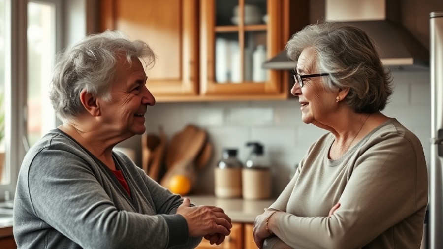 Couple in kitchen discussing perimenopause causes annoyance, cozy setting.