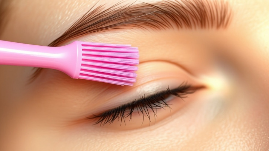 Close-up of eyebrow tinting at home with pink spoolie brush.