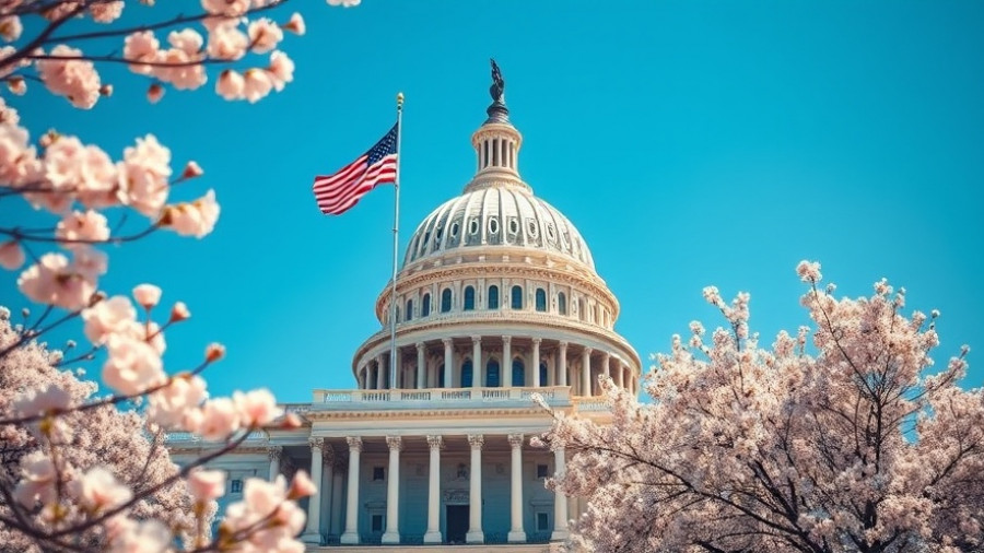 United States Capitol with flag and cherry blossoms representing Advancing Women's Health Coverage Act.