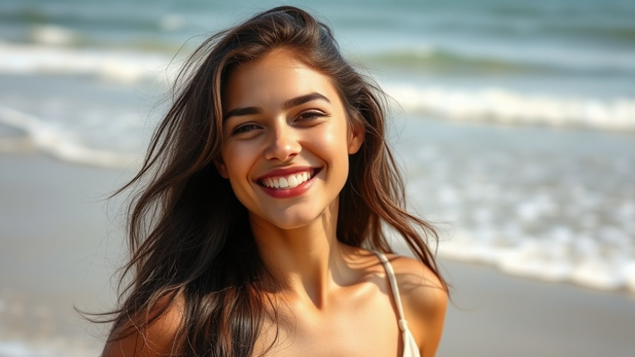 Brunette woman smiling by the ocean, promoting lip lift and smile makeover.