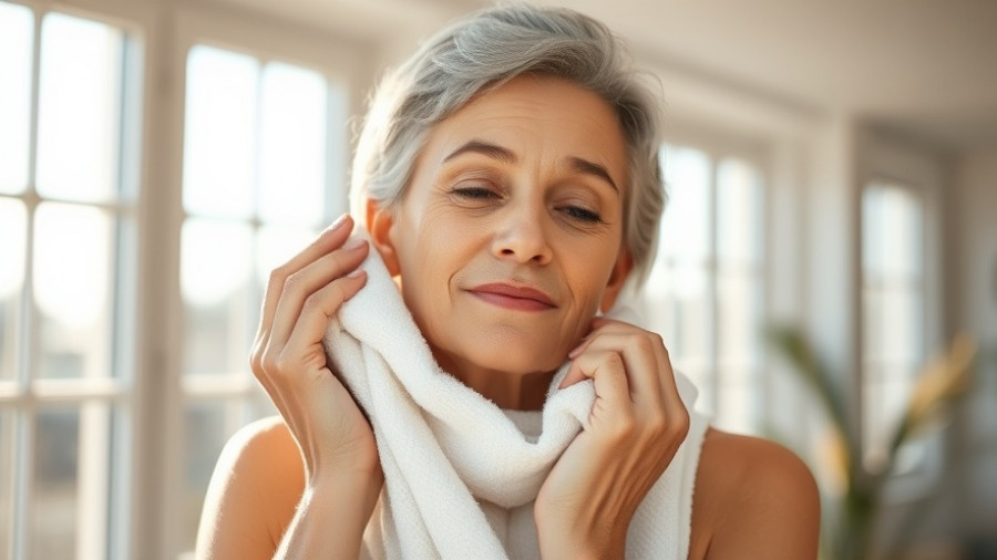 Mature woman towel drying her face, soft light emphasizing skincare routine.