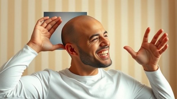 Understanding Hair Drop: Bald man humorously demonstrating hair care.