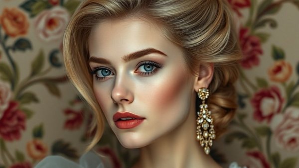 Blonde woman embracing Marie Antoinette blush trend against floral backdrop.