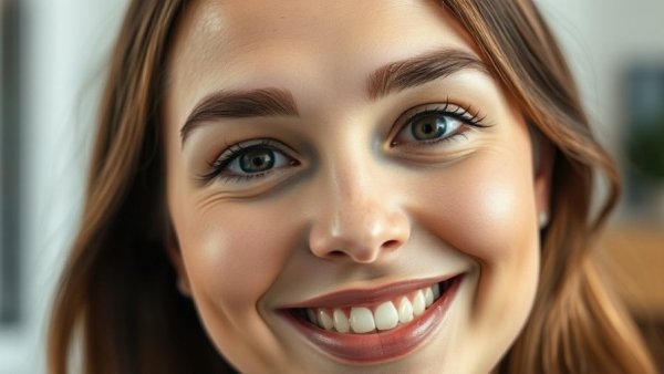 Eyebrow hair transplant results displayed on young woman indoors.