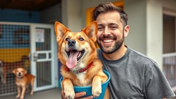 Happy man and rescued dog at shelter, dog rescue moment.