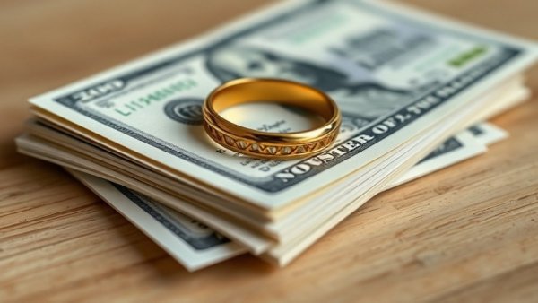 Divorce settlement Illinois concept with wedding rings on money.