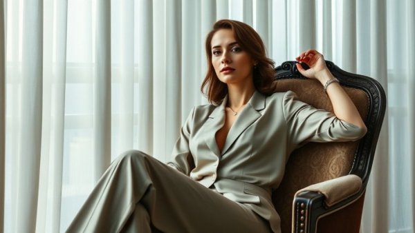 Kelsey Anderson beauty journey, stylish seated woman, elegant attire