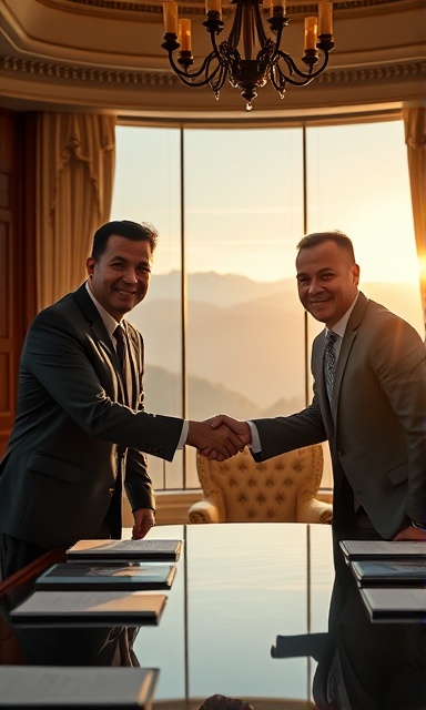 successful partnership handshake, satisfied smiles, sealing the deal, photorealistic, elegant boardroom overlooking mountains, highly detailed, intricate architectural features, warm tones, early morning light, shot with a wide-angle 24mm lens