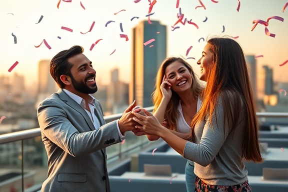 celebratory partnership success, joyful expressions, exchanging congratulations, photorealistic, open-air rooftop with skyline backdrop, highly detailed, confetti falling around, pastel hues, golden hour lighting, shot with an ultra-wide 16mm lens
