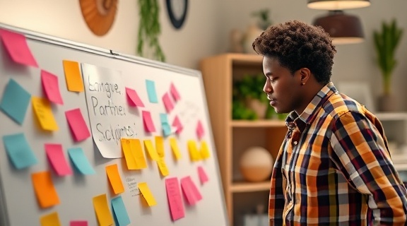 innovative partnership business, focused expressions, brainstorming with energy, photorealistic, creative workspace with colorful decor, highly detailed, moving whiteboards and sticky notes in action, rich tones, artificial studio lighting, shot with a macro lens