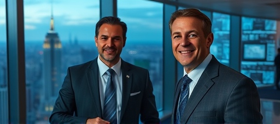 visionary executives, confident expression, defining long-term mission vision, photorealistic, high-rise office with cityscape backdrop, highly detailed, interactive holographic displays, crystal-clear details, bluish hues, evening illumination, shot with a panoramic lens.