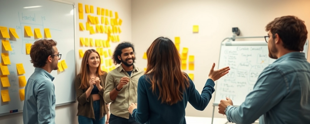 insightful communication strategy, thoughtfully engaging, brainstorming with a team, photorealistic, in a tech startup's conference room with whiteboards and sticky notes, highly detailed, dynamic human interaction and post-its everywhere, crisp resolution, warm yellow tones, diffused natural lighting, shot with a 35mm lens