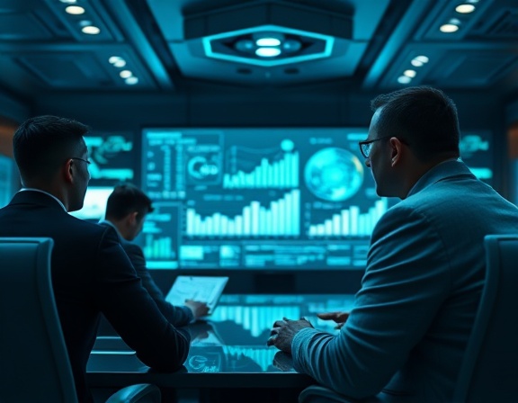 dynamic strategy development, thoughtful, examining data, photorealistic, futuristic conference room with digital screens, highly detailed, holographic displays and data charts, crisp resolution, cool tones, ambient artificial lighting, shot with a wide-angle lens.