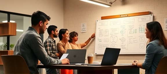 collaborative strategy planning, determined, sketching ideas, photorealistic, a cozy meeting room with flip charts and laptops, highly detailed, diverse team interaction, clear focus, warm colors, overhead fluorescent lighting, shot with a 50mm lens.