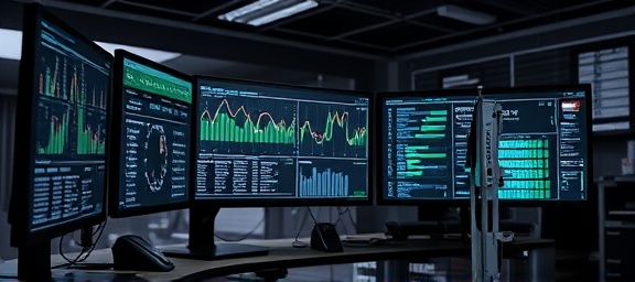 cutting-edge strategy tools, intrigued, testing applications, photorealistic, tech-laden workspace with multiple monitors, highly detailed, interactive interfaces, high definition, monochrome palette, soft ambient lighting, shot with a macro lens.