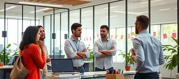 innovative strategy innovation, curious, brainstorming solutions, photorealistic, open-concept office with glass walls, highly detailed, post-it notes and gadgets, fine grain, bright pops of color, indirect sunlight, shot with a 24mm lens.