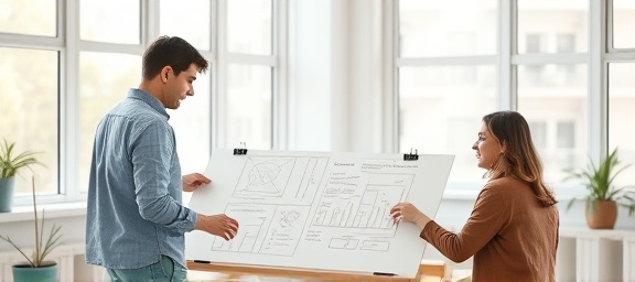 holistic strategy design process, analytical, drawing diagrams, photorealistic, bright creative studio with large windows, highly detailed, collaborative environment, precise strokes, pastel hues, diffused lighting, shot with an 85mm lens.