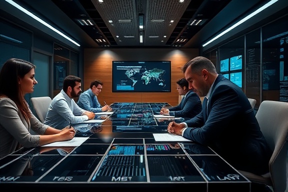 strategic strategy development phase, engaged, writing proposals, photorealistic, high-tech boardroom with interactive tables, highly detailed, dynamic conversation flow, fine texture, sleek metallic tones, focused LED lighting, shot with a tilt-shift lens.