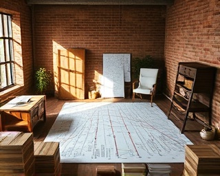 visionary strategy planning session, inspired, mapping paths, photorealistic, rustic loft space with exposed brick, highly detailed, tactile materials and resources, clear definition, earthy shades, natural afternoon light, shot with a 50mm lens.