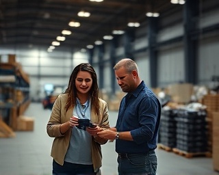 forward-thinking strategy innovation, enthusiastic, creating prototypes, photorealistic, industrial warehouse with creative setups, highly detailed, engaging teamwork, smooth transitions, dark neutrals, spotlight illumination, shot with a telephoto lens.