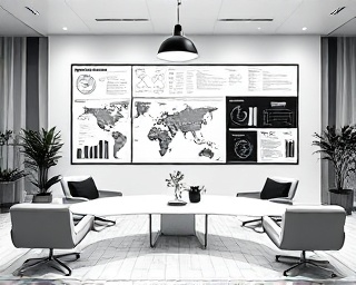 comprehensive strategy design blueprint, logical, analyzing frameworks, photorealistic, minimalist office with sleek furniture, highly detailed, organized charts and graphs, high contrast, black and white scheme, pendant lighting, shot with a 60mm lens.