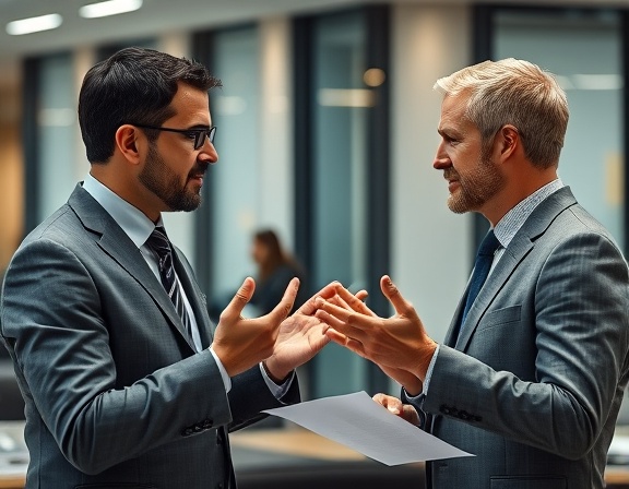focused consultation discussion, thoughtful expression, making plans, photorealistic, corporate office environment, highly detailed, dynamic hand gestures, crisp clarity, warm tones, ambient indoor lighting, shot with an 85mm camera lens