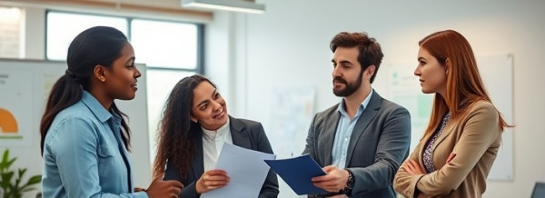 collaborative consultation team, confident expression, strategizing together, photorealistic, open-plan office with whiteboards, highly detailed, animated interactions, high definition, cool colors, diffused overhead lighting, shot with a 35mm camera lens