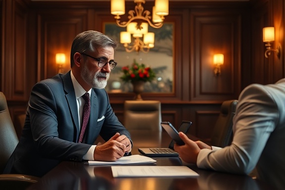 insightful consultation advice, attentive expression, guiding decisions, photorealistic, elegant boardroom with wooden accents, highly detailed, subtle paperwork and tablets, sharp focus, rich hues, focused task lighting, shot with a 24mm camera lens