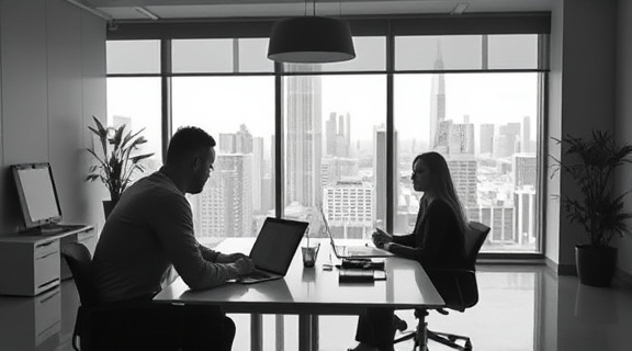 innovative consultation strategy, determined expression, formulating concepts, photorealistic, minimalist workspace with cityscape view, highly detailed, strategic use of light and shadow, crisp detail, monochrome palette, directional lighting, shot with a 70-200mm camera lens