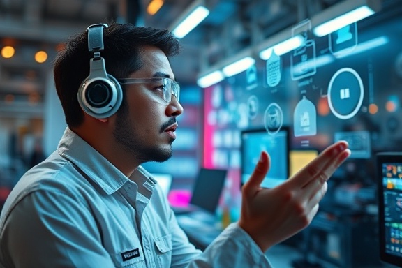 futuristic innovator, inspired, brainstorming ideas, photorealistic, inside a cutting-edge laboratory filled with advanced technology, highly detailed, floating holograms, sharp focus, vivid, LED lighting, shot with a 35mm lens