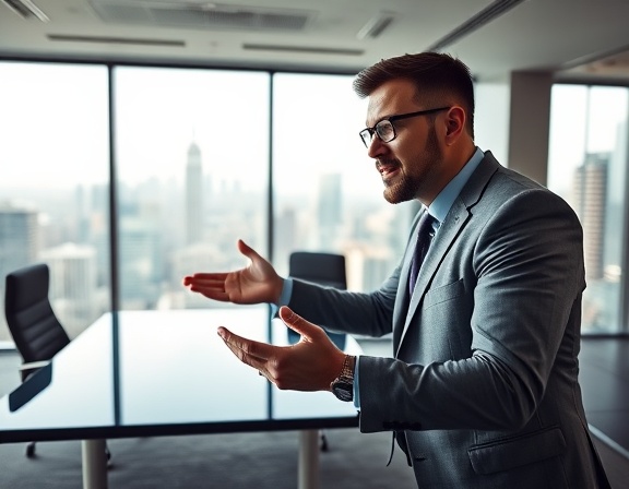 ambitious entrepreneur, focused, presenting a strategy, photorealistic, a conference room with a panoramic skyline view, highly detailed, interactive touchscreen table, sharp focus, neutral tones, soft office lighting, shot with an 85mm lens