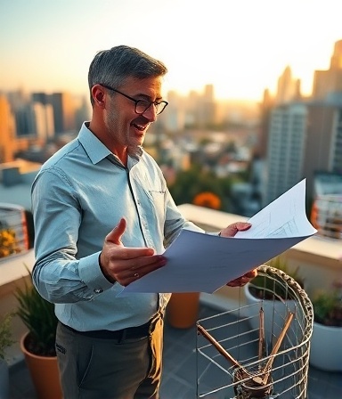 visionary leader, enthusiastic, discussing growth plans, photorealistic, on a rooftop garden with cityscape in the background, highly detailed, fluttering documents, clear focus, warm and inviting colors, golden hour lighting, shot with a wide-angle lens