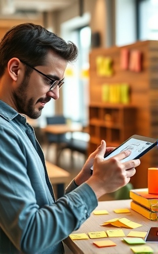 creative thinker, motivated, sketching on a digital tablet, photorealistic, in a trendy co-working space with urban decor, highly detailed, colorful post-it notes everywhere, crisp focus, bright and cheerful, studio lighting, shot with a 24mm lens