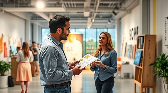 innovative designer, engaged, proposing a new concept, photorealistic, in a vibrant open office with creative installations, highly detailed, sketch papers flapping, clarity in focus, bold colors, dynamic spotlights, shot with a 50mm prime lens