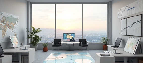 strategic planner, calm, mapping future paths, photorealistic, an office filled with maps and timelines with a scenic window view, highly detailed, digital projections floating, soft focus, pastel palette, ambient lighting, shot with a standard zoom lens