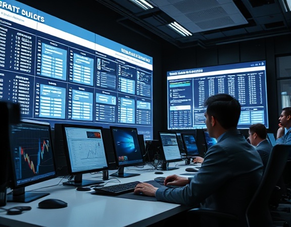 advanced booking software, committed, automating scheduling tasks, photorealistic, in a modern tech hub with large displays and minimalist design, highly detailed, active data visualization on screens, ultra-high-definition, monochrome aesthetic, focused spotlight lighting, shot with an 85mm lens.