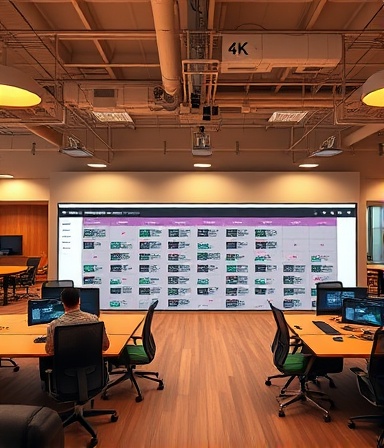 user-friendly booking platform, robust, managing complex schedules, photorealistic, in a co-working space with open-plan layout and collaborative workstations, highly detailed, animated schedule grid views, 8K resolution, warm tones, ambient backlighting, shot with a wide-angle lens.