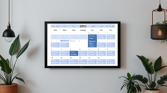 dynamic booking calendar, adaptive, updating dates and times, photorealistic, displayed on a wall-mounted screen in a hip creative studio, highly detailed, fluid interface animations, 1440p, neutral color palette, soft diffused lighting, shot with a 35mm lens.