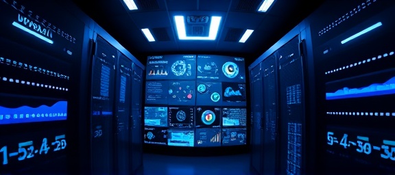 competent booking system, reliable, handling diverse industries, photorealistic, in a high-tech server room with glowing LED lights, highly detailed, interactive dashboards projected, 5K resolution, cool blue colors, ambient mood lighting, shot with a fisheye lens.