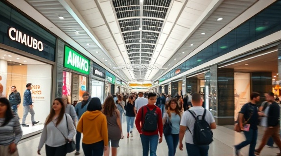 elegant display ad, compelling, showcasing, photorealistic, in a high-traffic shopping mall with diverse shoppers, highly detailed, scrolling LED screens and motion blur, sharp focus, deep colors, artificial indoor lighting, shot with an 85mm lens.