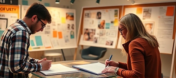 creative advertisement, engaging, brainstorming, photorealistic, in a vibrant creative agency with mood boards, highly detailed, scribbling notes and sketching, high-resolution clarity, pastel colors, ambient lighting, shot with a 24mm lens.