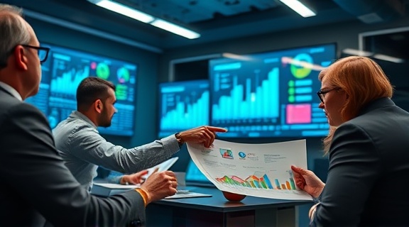 targeted marketing strategy, focused, analyzing, photorealistic, in a conference room with digital screens and charts, highly detailed, pointing at graphs and sharing papers, razor-sharp detail, cool colors, fluorescent lights, shot with a 35mm lens.