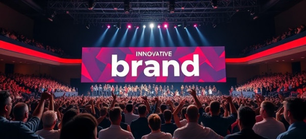 innovative brand launch, energetic, unveiling, photorealistic, in a large auditorium with an excited audience, highly detailed, dynamic stage lights and speaker movements, exceptional clarity, vibrant colors, spotlight lighting, shot with a telephoto lens.