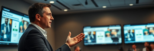 compelling campaign pitch, persuasive, articulating, photorealistic, in a sleek presentation room with large monitors, highly detailed, gesturing hands and eye contact, fine precision, muted colors, soft lighting, shot with a portrait lens.