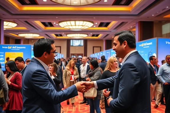 effective sales conference, vibrant, networking, photorealistic, in a hotel conference center with booths and attendees, highly detailed, shaking hands and exchanging business cards, high-definition clarity, bright colors, directional lighting, shot with a 35mm lens.