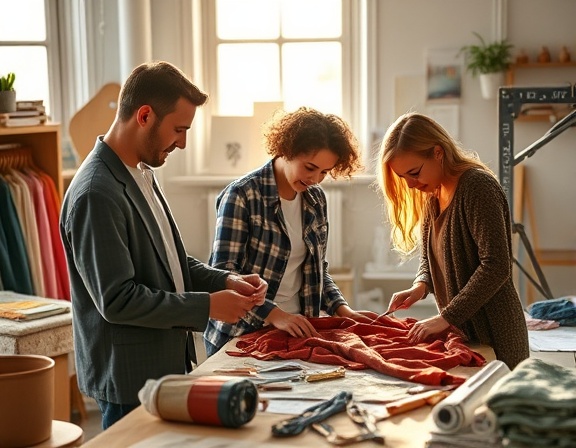 dynamic branding session, creative, innovating, photorealistic, in a sunlit creative studio with samples and products, highly detailed, cutting fabric and discussing designs, clear texture detail, rich colors, soft morning light, shot with a prime lens.
