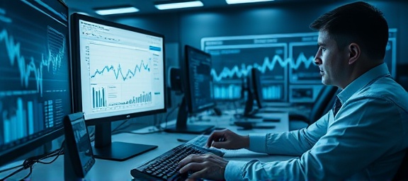 comprehensive value analysis, meticulous, calculating, photorealistic, in an analytics lab with computers and graphs, highly detailed, inputting data and reviewing screens, ultra-sharp detail, soft monochrome hue, LED screen light, shot with a high-resolution lens.