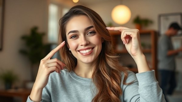 Young woman discussing her eyebrow hair transplant journey at home.