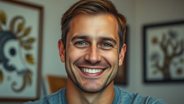 Man smiling indoors with new hair after transplant.