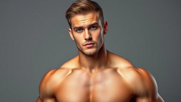 Athletic male, shirtless, gazing confidently, plastic surgery concept.